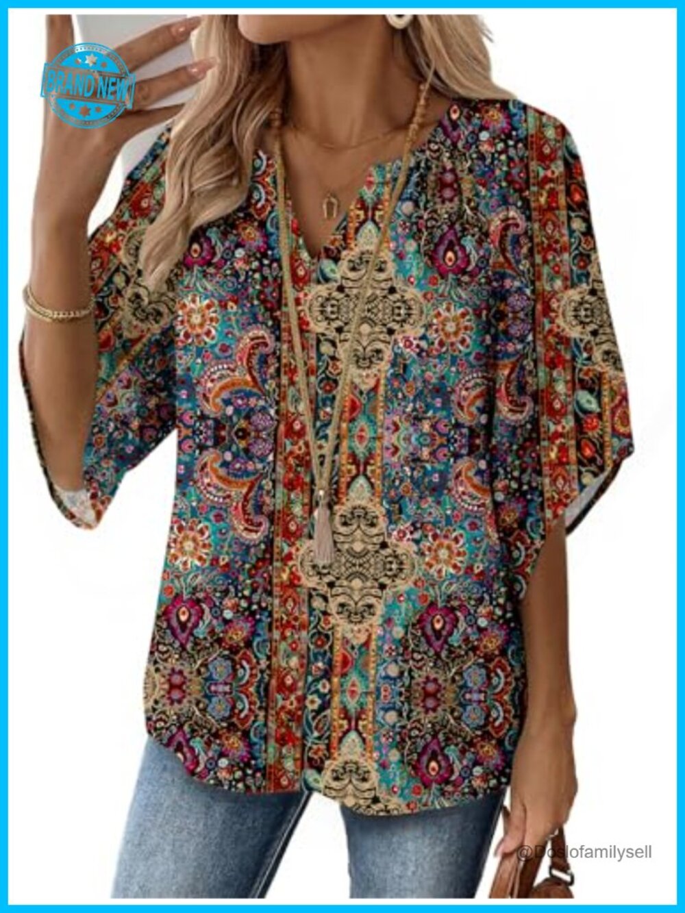 Womens Boho Tunic Top 3/4 Sleeve V-Neck Floral Peasant Blouse